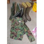 Quantity of Wellington boots sizes 7 and 8 and a camo jacket.