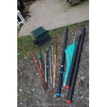 Quantity of fishing gear, cane rod, bite detector, stool and ,leather cartridge belt, tail gaff etc.