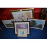 Gilt framed picture of Amaryllis and four other prints.