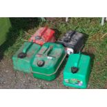Metal 10 L fuel can and four plastic fuel cans