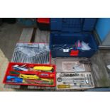 Small plastic toolbox and contents: hammer, socket set etc.
