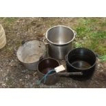 Cast iron saucepan, swing pot and two aluminium pans.