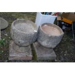 Pair of concrete urn style garden planters, 19'' high x 14'' diameter.