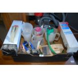 Box of plastic jugs, paint brushes, bird feeder etc.