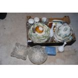 Box of part dinner services, spill vases, glass dishes etc.