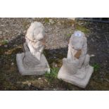 Pair of concrete lion figures, 17'' tall.