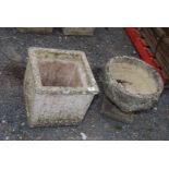 Square concrete planter, 14'' square x 13'' high and urn shaped planter 15'' x 13'' high.