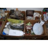 Four boxes of kitchenware, part dinner service, anniversary cups etc,