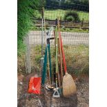 A quantity of garden tools including brooms, shovel, branch lopper, lawn shears, rake etc.