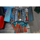 Metal cantilever toolbox and contents: hammer, spanners, chisel set etc.