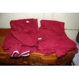 A pair of red/burgundy lined and weighted curtains 94" drop x 106" wide, with tie-backs.