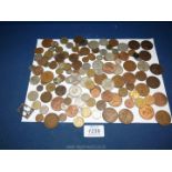 A quantity of mixed foreign and English coins to include; 3 pence's, florin half pennies, Francs,