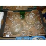 A large quantity of glass including a pressed trifle dish, various glasses, green vase etc.