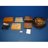 A quantity of wooden boxes to include an inlaid musical box, cigarette boxes, Jerusalem box etc.