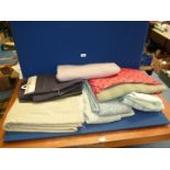 A box of fabric remnants, Scottish wool remnants, Jacqmar fabric, etc.