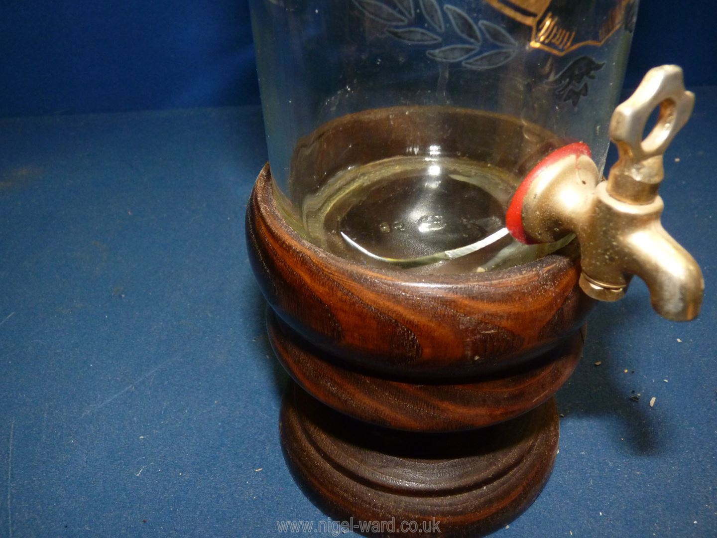 Two unusual decanters on wooden plinths with brass taps and wooden lids; - Image 2 of 2