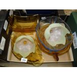 Box of Art Deco glassware including two frosted tulip pink and green light shades,