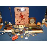 A box of miscellanea to include barometer, cased cut throat razor, Ronson table lighter,