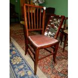 An Edwardian Mahogany framed cross-banded and light/darkwood strung side Chair having an inset pink