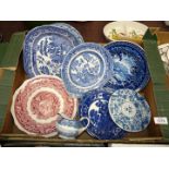 A large quantity of blue and white china including Woods and Sons jug, Old Willow pattern,