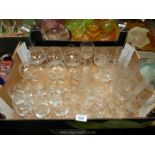 A quantity of etched glass to include; 4 tall glasses, 6 sherry glasses, 2 cut glass tankards,