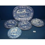 A small quantity of blue and white 'Wild Rose' pattern consisting of meat plate,