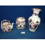 A Mason's Mandalay pattern vase, teapot and tea caddy.