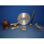 A quantity of miscellanea to include; Solo 7 jewels brass mantle clock, white metal horse & plate,