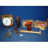 An African Art bust and box of assorted items including a bottle opener, flask,