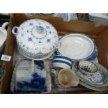 A quantity of blue and white china including two Furnivals Denmark lidded tureens plus old Chelsea