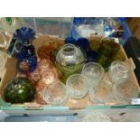 A quantity of coloured and clear glass including green glass lemonade set, blue wine glasses,