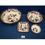 Three Mason's Mandalay dishes together with a large footed fruit bowl, (repair to bowl).