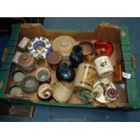 A box of mixed pottery items including salt glazed flagons, jugs, dark blue bud vases,