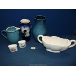 A box of china including two Royal Worcester toothpick holders, Royal Winton Grimwades blue vase,