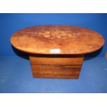 A marquetry topped sewing box with lift up top and a single drawer, some veneer damage,