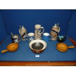 A quantity of pottery items including West German stein and one similar, a Prinknash bowl,