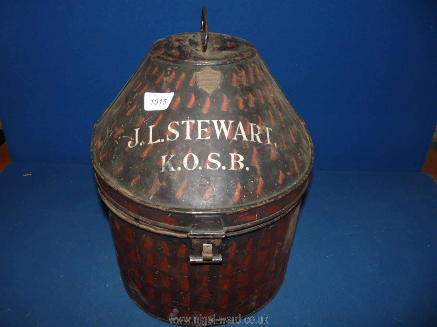 A Victorian metal military hat box by Hawkes and Co. Ltd. 'J.L. Stewart K.O.S.