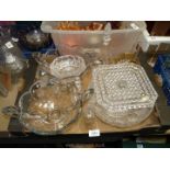 A box of glass including three cut glass and Epns salt pots,