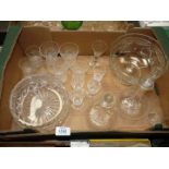 A quantity of cut glass including two trifle bowls, two engraved decanters one * cup,