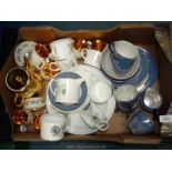 Three part tea sets including; Wedgwood Susie Cooper 'Glen Mist', Prinknash,