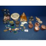 A quantity of onyx items including a pyramid, animals, stones, four small dishes etc.