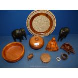 A small quantity of Treen including; wooden & Mother of Pearl inlaid plate,