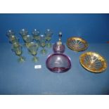 A box of coloured glass including nine green liqueur glasses, some with chips,