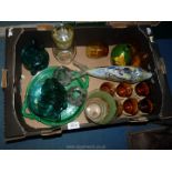 A quantity of mixed coloured glass to include green glass Teaset, painted decanter of a cockerel,