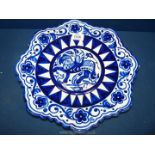 A blue and white Hermanes Spanish plate (chipped),