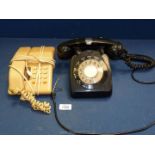 Two vintage corded telephones, one in black, the other in beige.