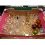 A box of mixed cut glass to include Royal Albert brandy balloons, three whiskey tumblers,