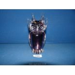 A Murano style owl paperweight with purple stripe down the back, 8 1/4" tall.