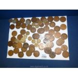 A quantity of coins to include; 58 pennies dated 1917, 1937 etc, 5 half pennies, 9 three pence's,