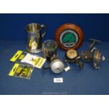 18th Commonwealth fly fishing championship plaque, fish handled tankard, two fishing reels, marbles,